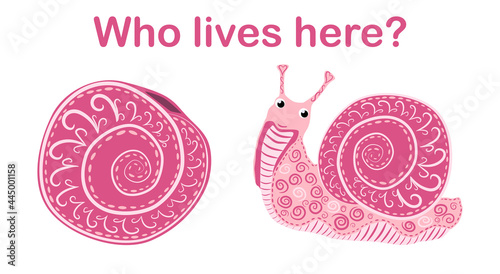 Game for children Who lives here Pink Snail and Shell, Scandinavian style