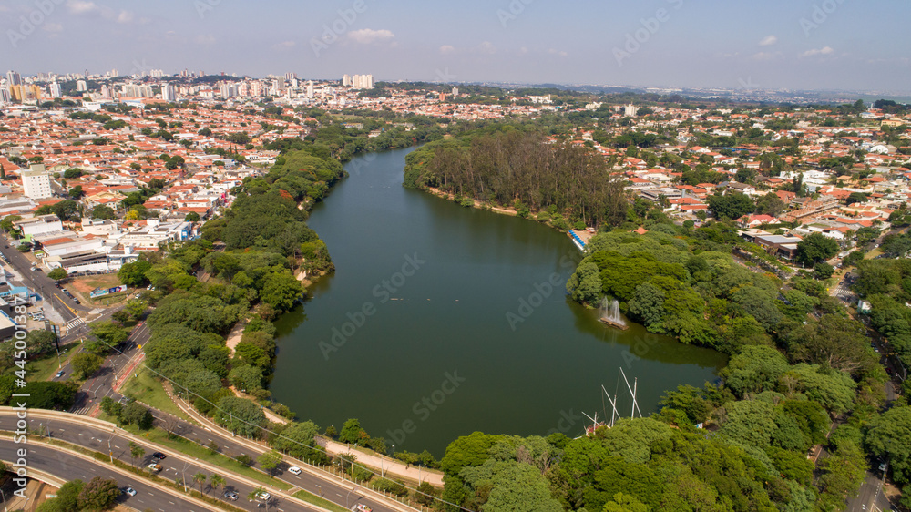 Aerial drone images from the Taquaral park in Campinas, São Paulo. With a view to Cambuí.