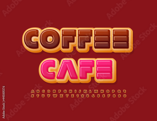 Vector delicious logo Coffee Cafe. Chocolate glazed Font. Creative Alphabet Letters and Numbers set