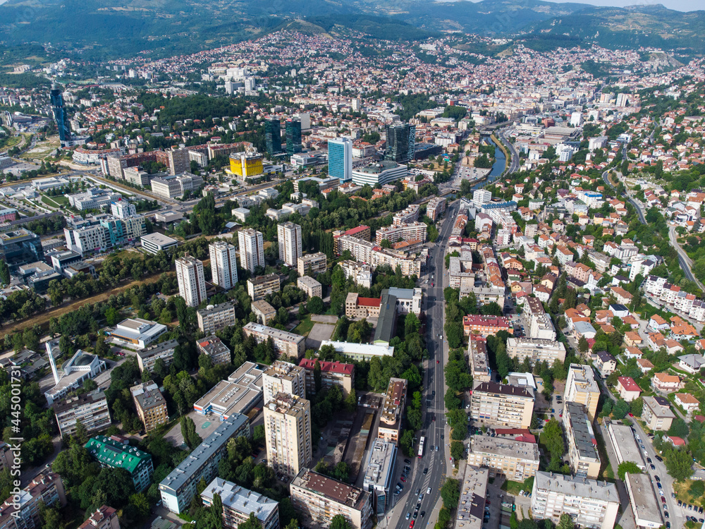 Aerial drone view of city of Sarajevo. Capital of Bosnia and Herzegovina. 