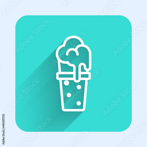 White line Glass of beer icon isolated with long shadow background. Green square button. Vector