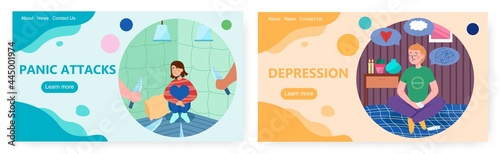 Panic attack and depression landing page design, website banner vector template set. Anxiety disorder, mental health.