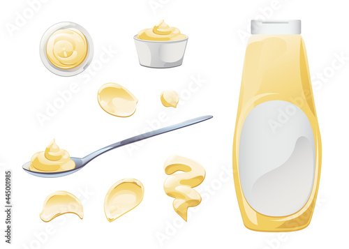 Mayonnaise in bowl, bottle, stains and splash set. Condiment white sauce icon set. Top and front view vector illustration.