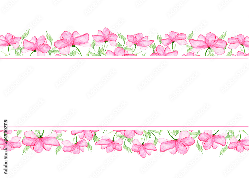 Horizontal frame with delicate pink flowers and free space for text on a white background. For a wedding invitation, postcards to Mother's Day, Valentine's Day. Botanical watercolor illustration.