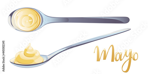 Mayonnaise in metal spoon in catroon flat style. Portion of sauce. Vector design for advertising cheese, dairy products, healthy food.