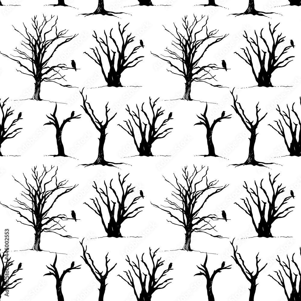 Obraz premium Tree and bird raven silhouette pattern, hand drawn vector illustration