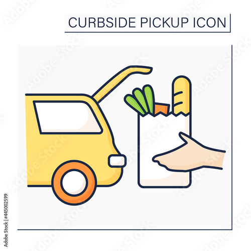 Curbside pickup color icon. Transporting products from grocery into car trunk. Safe way to pick up orders from supermarkets. Contact-free delivery concept. Isolated vector illustration