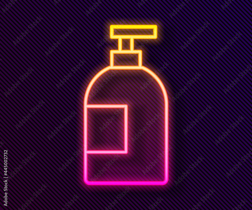 Glowing neon line Dishwashing liquid bottle icon isolated on black background. Liquid detergent for washing dishes. Vector