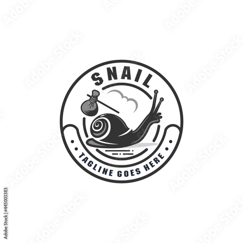 snail logo. the conch is walking carrying a drawstring bag