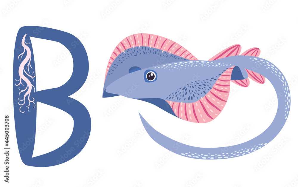 Fototapeta premium ABC kids Blue spotted sea animal cartoon character Ocean animal, cramp fish Stingray fish for illustration, wildlife design Funny sea animal alphabet