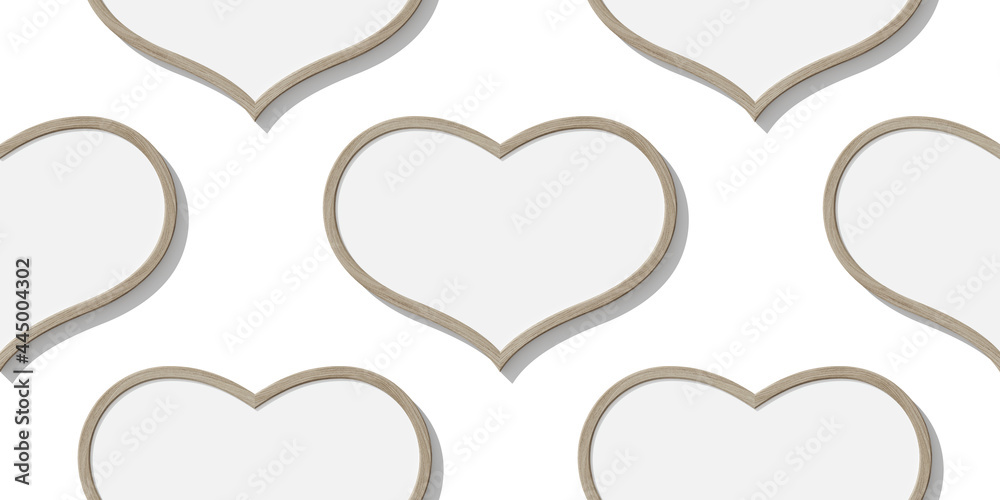 Frames on white wall. Hearts. Seanless 3D pattern. Endless romantic blank. 3D render. Wooden frame. Congratulations. Greeting. Cards. Wedding template. Love. Wrapping paper. Valentine's Day.