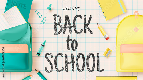 Various stationery for back to school in paper art style with pastel color