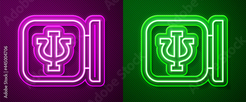 Glowing neon line Psychology icon isolated on purple and green background. Psi symbol. Mental health concept, psychoanalysis analysis and psychotherapy. Vector