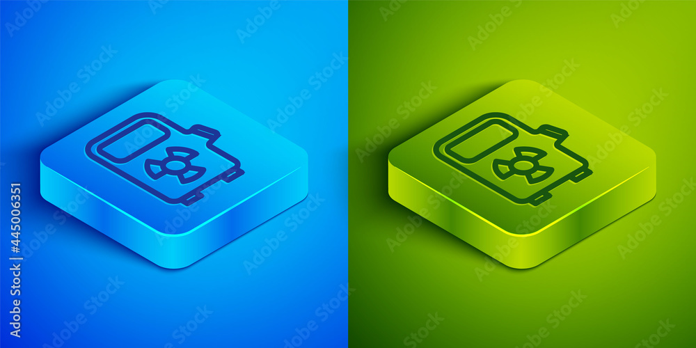 Isometric line Electric car charging station icon isolated on blue and green background. Eco electric fuel pump sign. Square button. Vector Isometric line Electric car charging station icon isolated on blue and green background. Eco electric fuel pump sign. Square button. Vector
