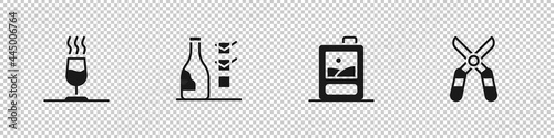 Set Wine tasting, degustation, Bottle of wine, Cardboard box and Gardening scissors icon. Vector