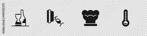 Set Bottle of wine, Wine tasting, degustation, Chef hat and Meteorology thermometer icon. Vector