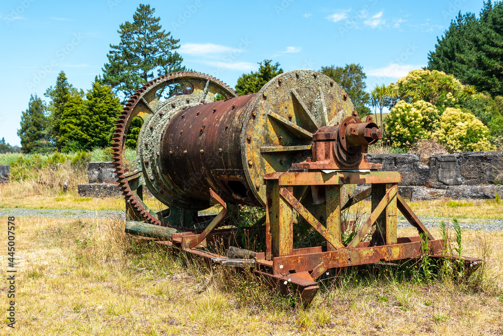 Old machines in deserted stamping battery in Karangahake, Coromandel peninsula in New Zealand