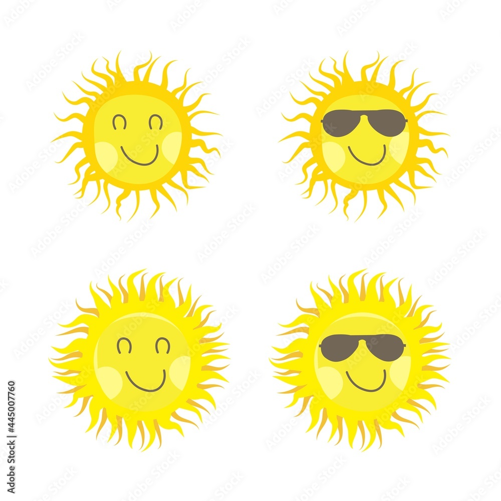 Sun sticker with a round shape and yellow color. Cute sun with smiling face and cool sunglasses. Sunray coming out from sun vector design for social media. Sun vector social media sticker collection.