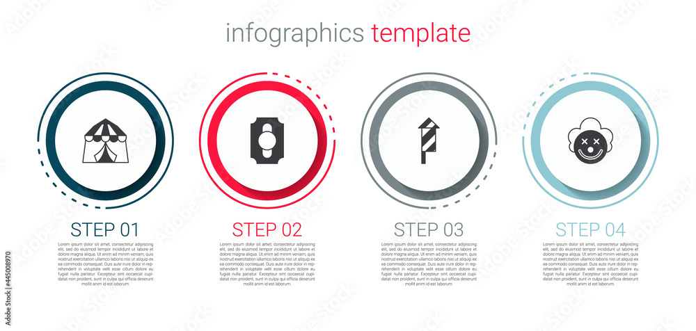 Set Circus tent, ticket, Firework rocket and Clown head. Business infographic template. Vector Set Circus tent, ticket, Firework rocket and Clown head. Business infographic template. Vector