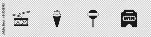 Set Drum with drum sticks, Ice cream in waffle cone, Lollipop and Circus ticket icon. Vector