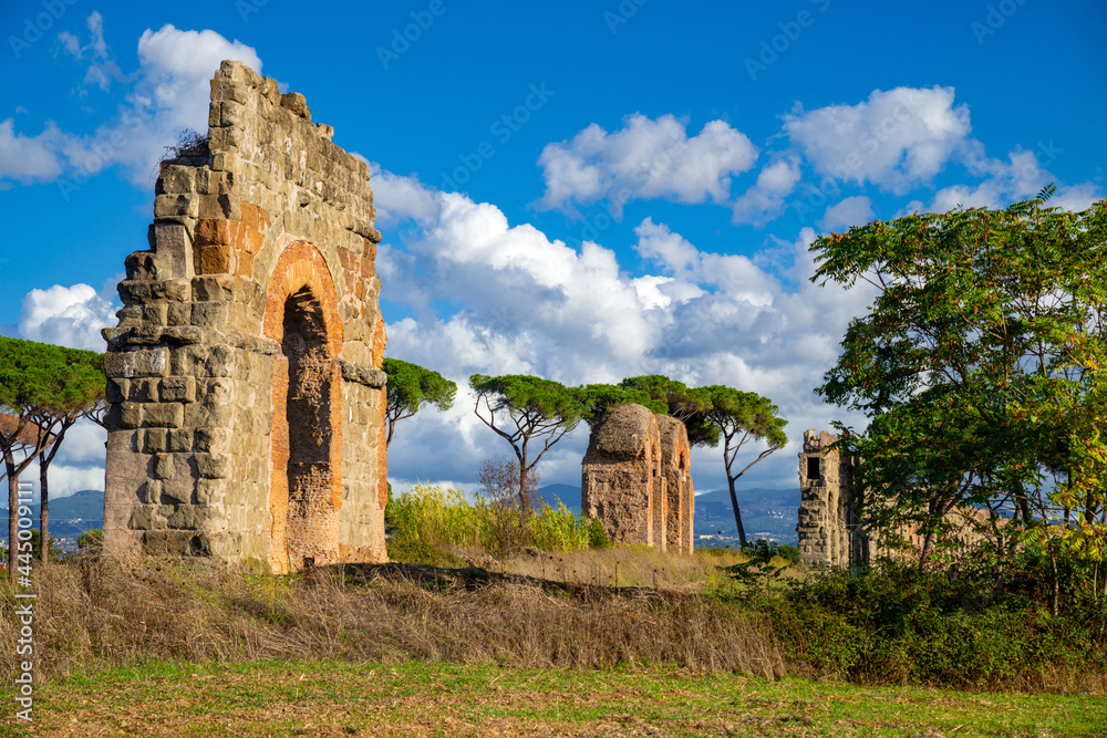 Parco dell'Acquedotto Rome, Italy. Ruins of the arches of the Claudio Aqueduct with blue sky, clouds and pine trees. Archaeological area water system of ancient Rome. Regional Park Via Appia Italy.