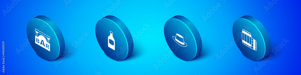 Set Isometric Street signboard with Bar, Oktoberfest hat, Wooden barrel and Beer bottle icon. Vector Set Isometric Street signboard with Bar, Oktoberfest hat, Wooden barrel and Beer bottle icon. Vector