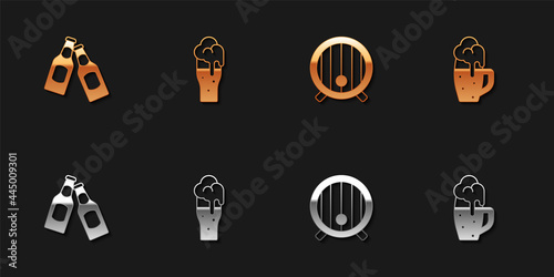 Set Beer bottle, Glass of beer, Wooden barrel and icon. Vector