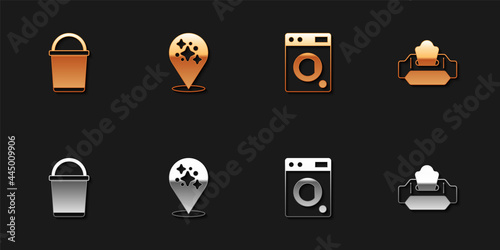 Set Bucket, Home cleaning service, Washer and Wet wipe pack icon. Vector