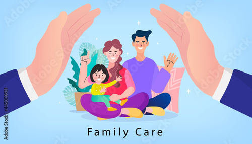 family smiling and staying together. Stay home, Stay safe concept. Save lives vector design sign concept. Stop Covid-19 Coronavirus. Trendy flat vector illustration.