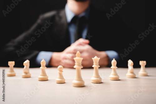 chess strategy for business leadership and team in success concept, game king leader competition with teamwork power challenge, pawn piece playing on board, victory intelligence of chessboard