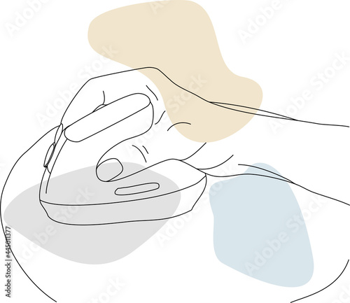 A hand holding the smartphone. Line hand-drawn art with abstract color spots.