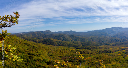 Panoramic views from mountain routes on an autumn sunny day, walking and communicating with nature.