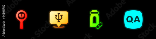 Set Broken heart or divorce, Psychology, Psi, Sedative pills and Question and Answer icon. Vector