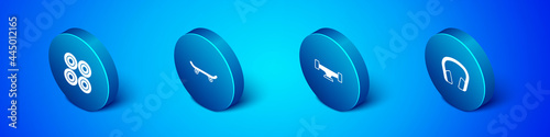 Set Isometric Skateboard wheel, , Headphones and icon. Vector