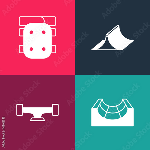 Set pop art Skate park, Skateboard wheel, and Knee pads icon. Vector