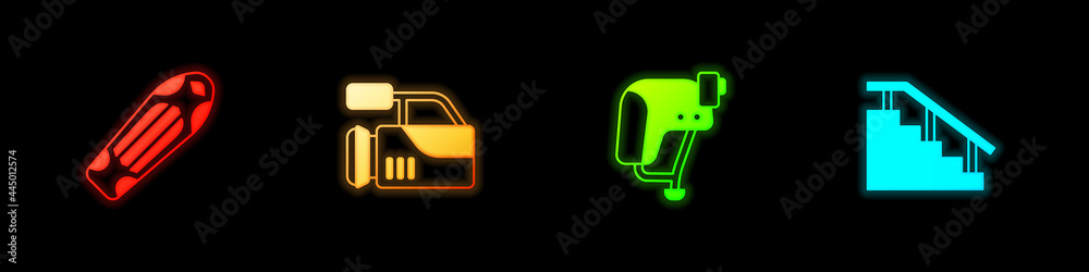 Set Skateboard deck, Cinema camera, helmet and stairs with rail icon. Vector Set Skateboard deck, Cinema camera, helmet and stairs with rail icon. Vector