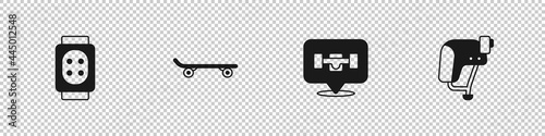 Set Knee pads, Skateboard, wheel and helmet icon. Vector