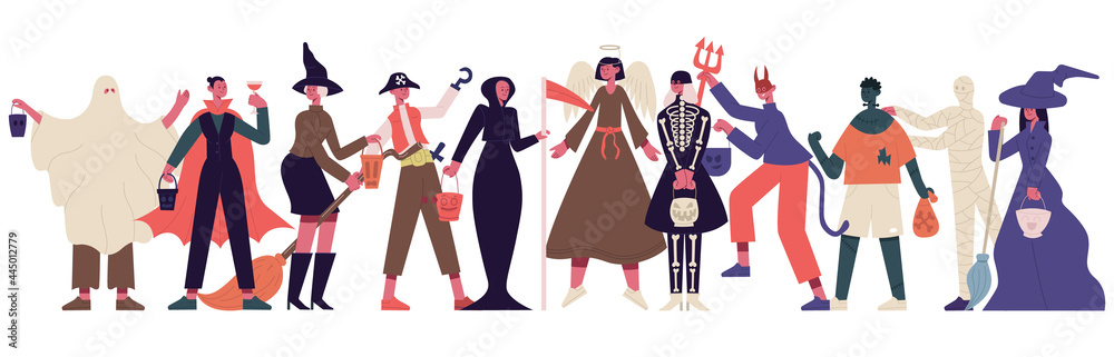 Halloween party characters. Celebrating people in halloween costumes, halloween spooky outfits party vector illustration. Trick or treat characters Halloween party characters. Celebrating people in halloween costumes, halloween spooky outfits party vector illustration. Trick or treat characters