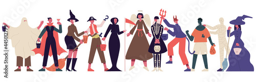 Halloween party characters. Celebrating people in halloween costumes, halloween spooky outfits party vector illustration. Trick or treat characters
