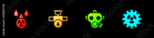 Set Acid rain and radioactive cloud, Industry pipe valve, Gas mask and Radioactive icon. Vector