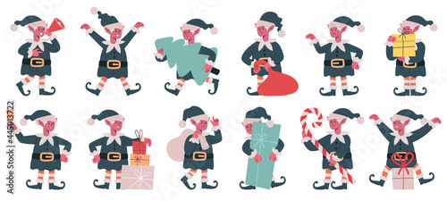 Christmas elf characters. Xmas Santa Claus little helpers, cute Christmas elves mascots vector illustration set. Cartoon Santa helpers dwarfs