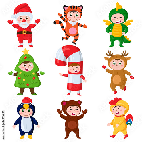 Cartoon kids wearing Christmas costumes. Kids in carnival party reindeer  fir tree and penguin costumes vector illustration set. Kids in Christmas costumes