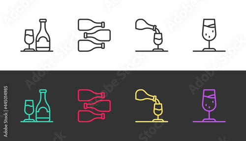Set line Wine bottle with glass, Bottles of wine, tasting, degustation and on black and white. Vector