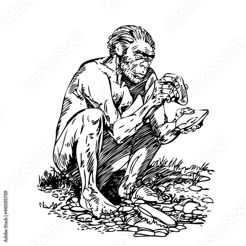 Bigfoot or Caveman or Neanderthal Man Make Fire. Homo Sapiens Sketch Drawing.