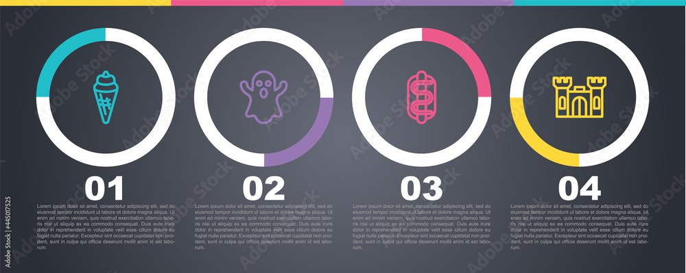 Set line Ice cream in waffle cone, Ghost, Hotdog sandwich and Castle. Business infographic template. Vector