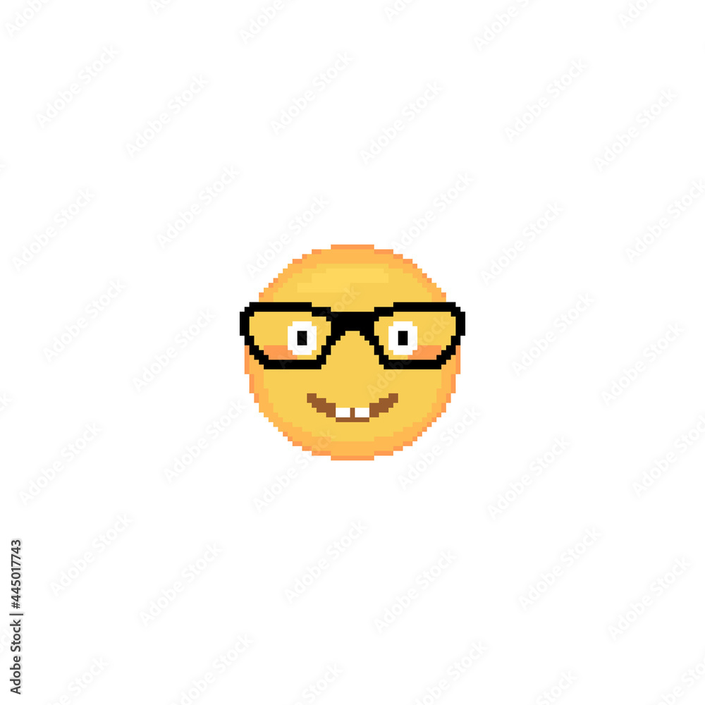 Pixel art Nerd Emoji face icon. Vector cute pixel nerdy emoticon in glasses. Funny Nerd Emoji in retro pixel 8 bit style. Nerd tease emoji yellow face with buck teeth isolated icon.
