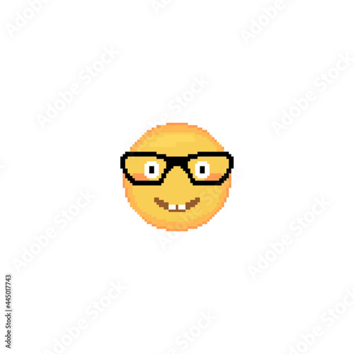 Pixel art Nerd Emoji face icon. Vector cute pixel nerdy emoticon in glasses. Funny Nerd Emoji in retro pixel 8 bit style. Nerd tease emoji yellow face with buck teeth isolated icon.