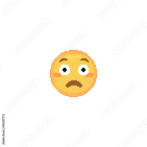 Pixel art Flushed Emoji face icon. Vector cute pixel Blushing emoticon. Embarrassed Emoji in retro pixel 8 bit style. Blushing shame emoji yellow face isolated icon.