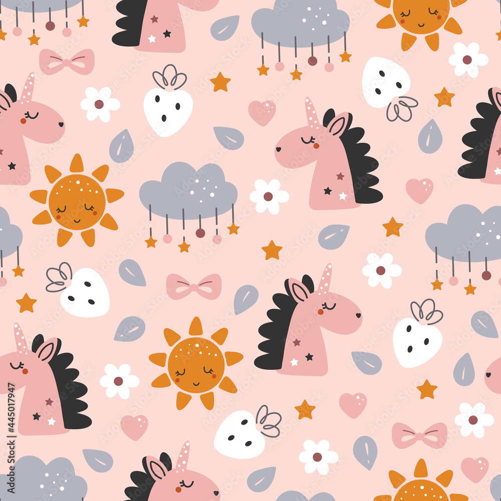 Fototapeta premium Cute girls background with unicorns