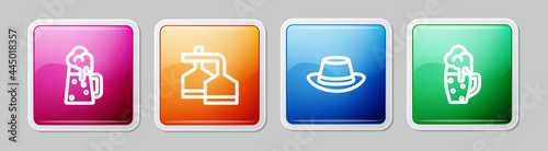 Set line Wooden beer mug, Beer brewing process, Oktoberfest hat and Glass of. Colorful square button. Vector